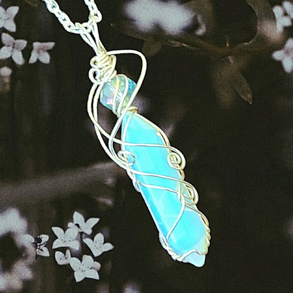 Wire Wrapped Crystal Necklace, Opalite Opal Healing Crystal Necklace
